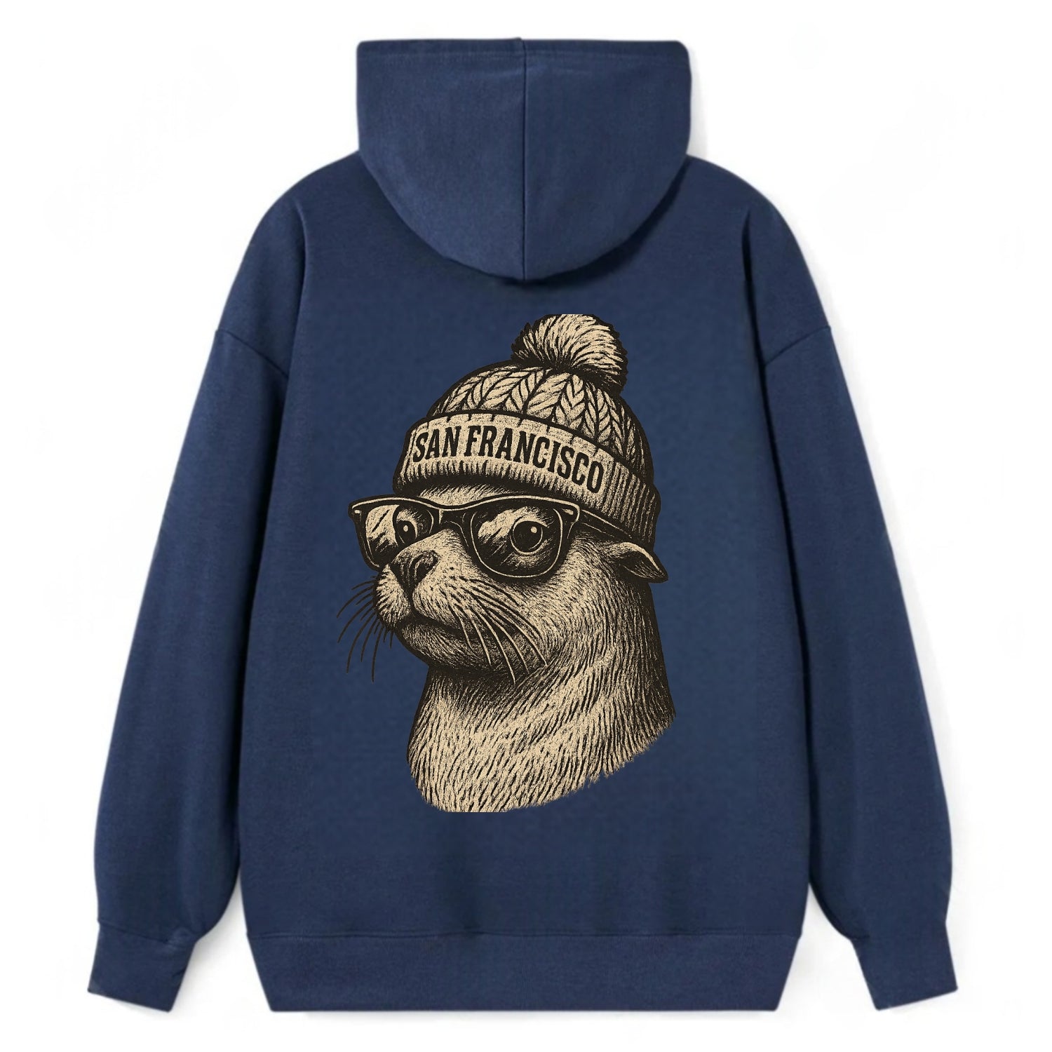 San Francisco Sea Lion wearing San Francisco beanie with pom pom and - Classic Pullover Hoodie - Navy