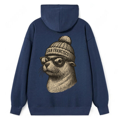 San Francisco Sea Lion wearing San Francisco beanie with pom pom and - Classic Pullover Hoodie - Navy