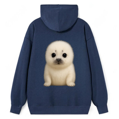 Baby Harp Seal - pure white fluffy fur, enormous dark eyes, front-facing, - Classic Pullover Hoodie - Navy