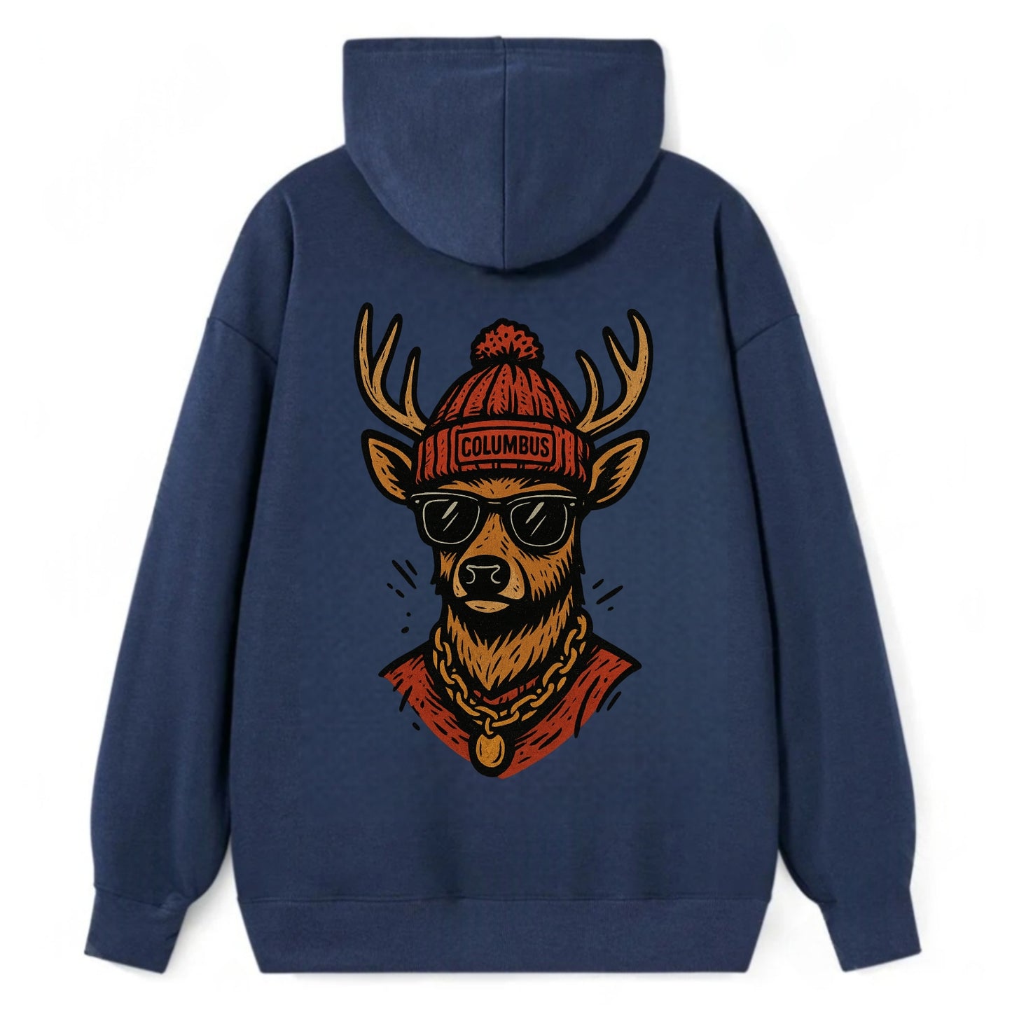 Columbus White-tailed Deer wearing Columbus beanie with pom pom and - Classic Pullover Hoodie - Navy