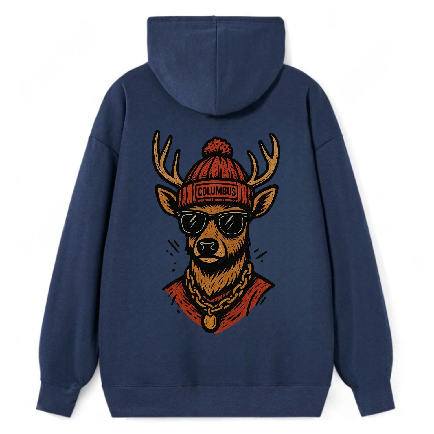 Columbus White-tailed Deer wearing Columbus beanie with pom pom and - Classic Pullover Hoodie - Navy