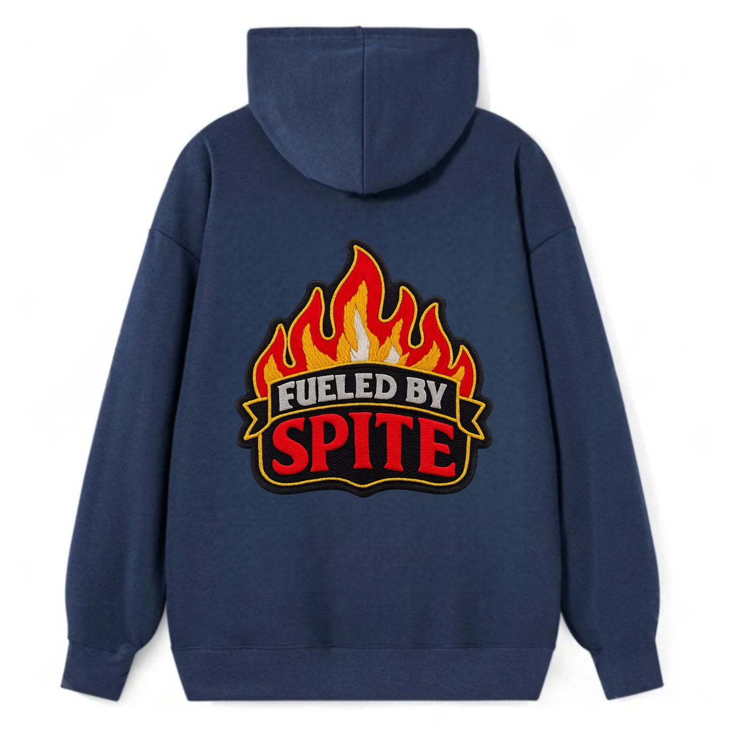 FUELED BY SPITE - fire with text in black and red , petty motivation - Classic Pullover Hoodie - Navy