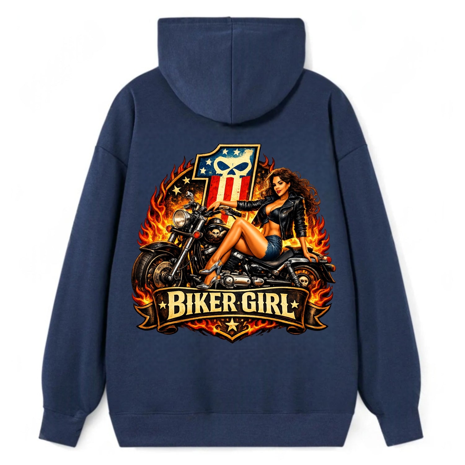 Vintage Biker Pin Up - Classic Pullover Hoodie - Navy