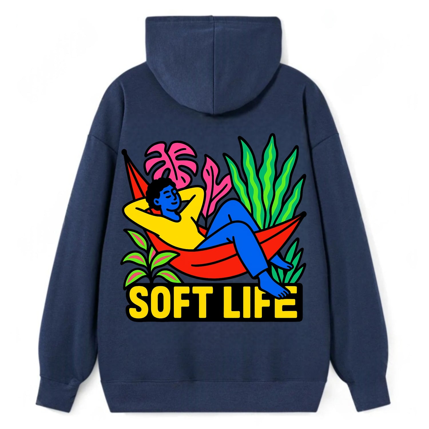 Person relaxing in hammock with plants - "soft life" aesthetic, peaceful - Classic Pullover Hoodie - Navy