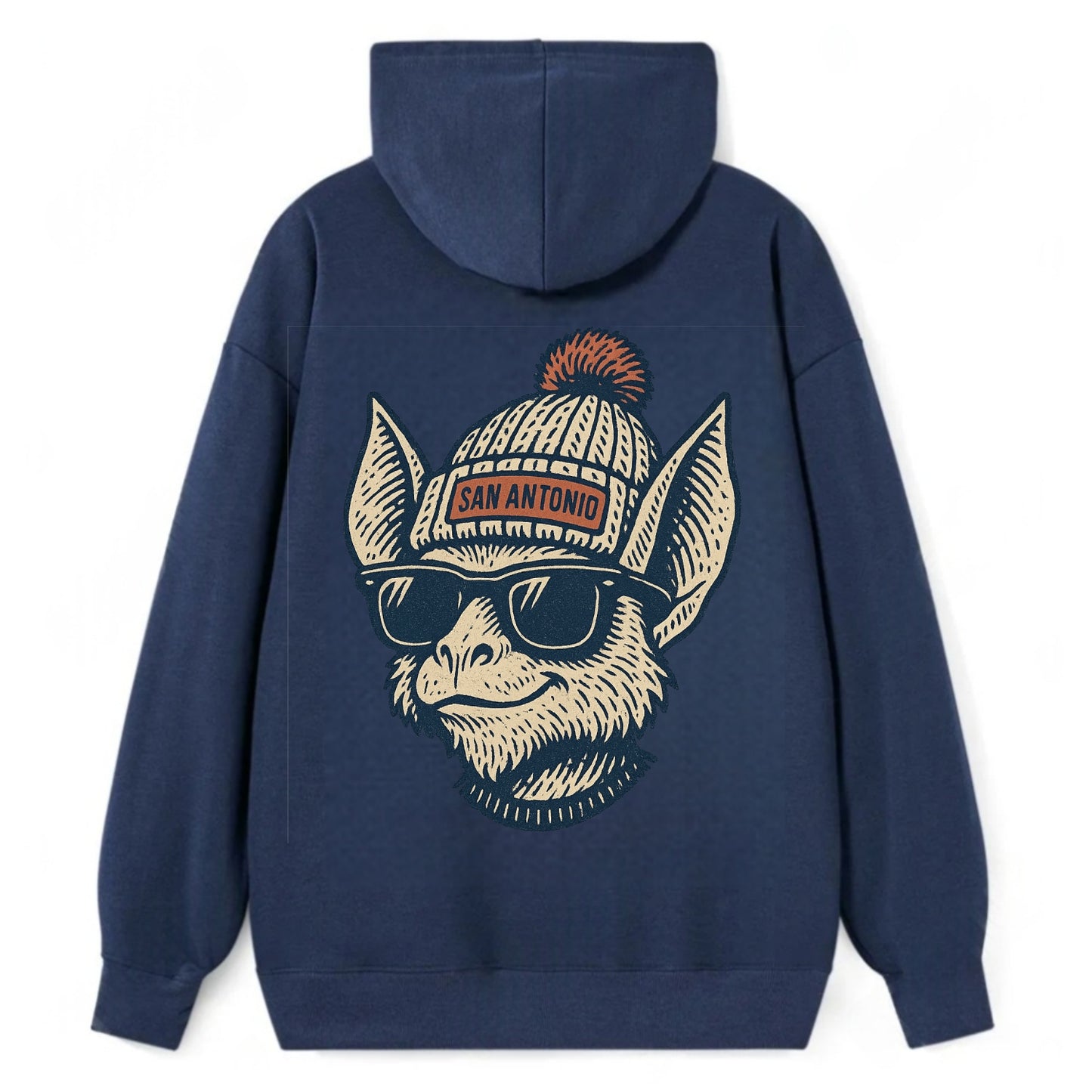 San Antonio Bat wearing San Antonio beanie with pom pom and wayfarer - Classic Pullover Hoodie - Navy