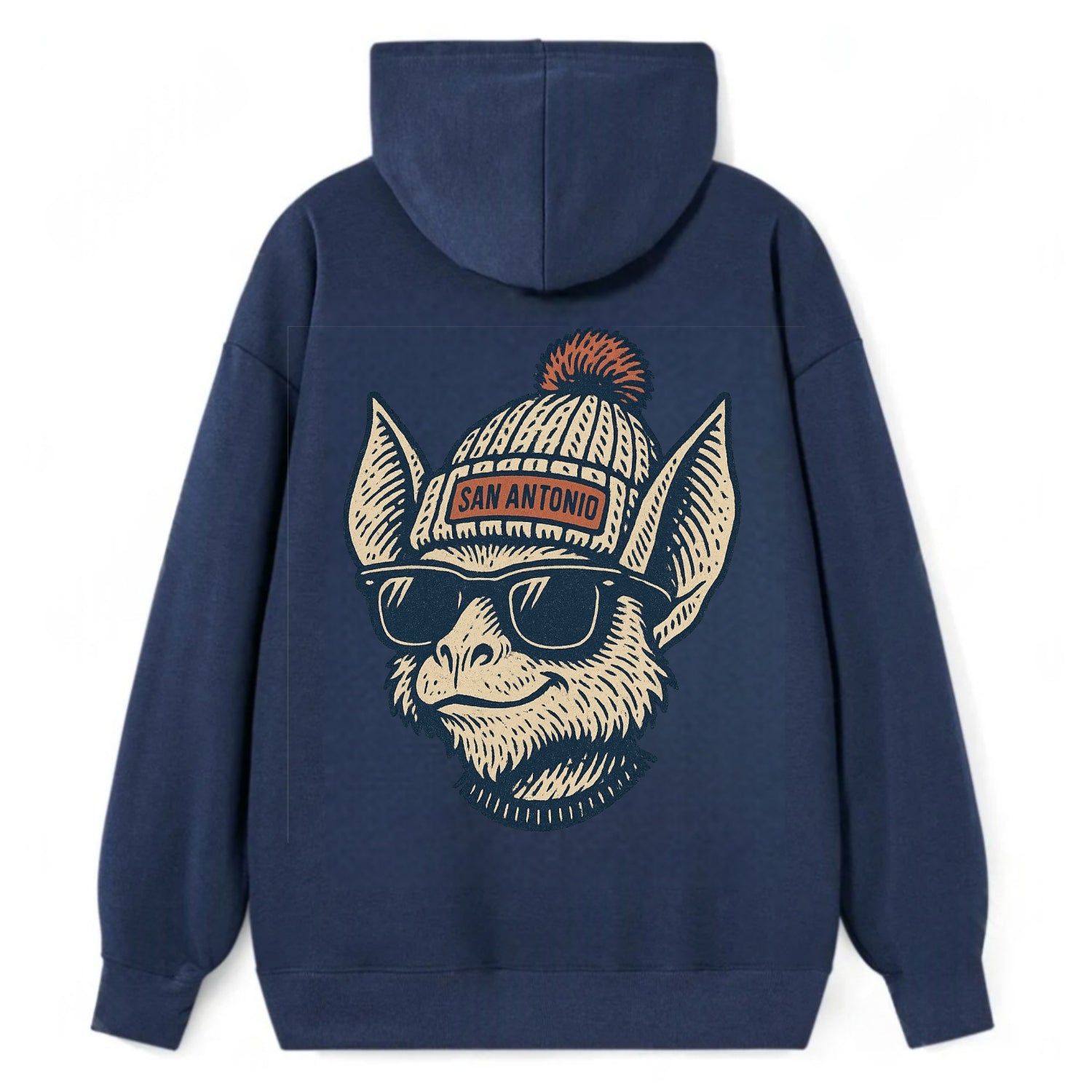 San Antonio Bat wearing San Antonio beanie with pom pom and wayfarer - Classic Pullover Hoodie - Navy