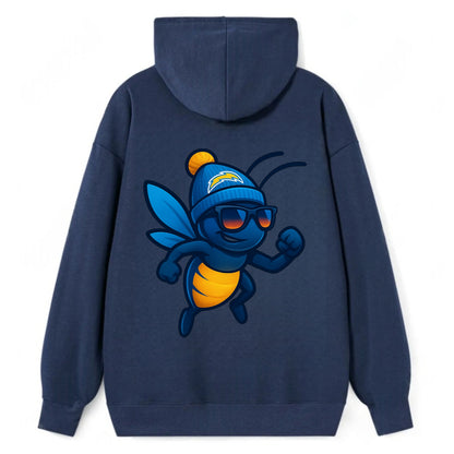 LA Lightning Bug wearing Chargers powder blue and gold beanie with pom - Classic Pullover Hoodie - Navy