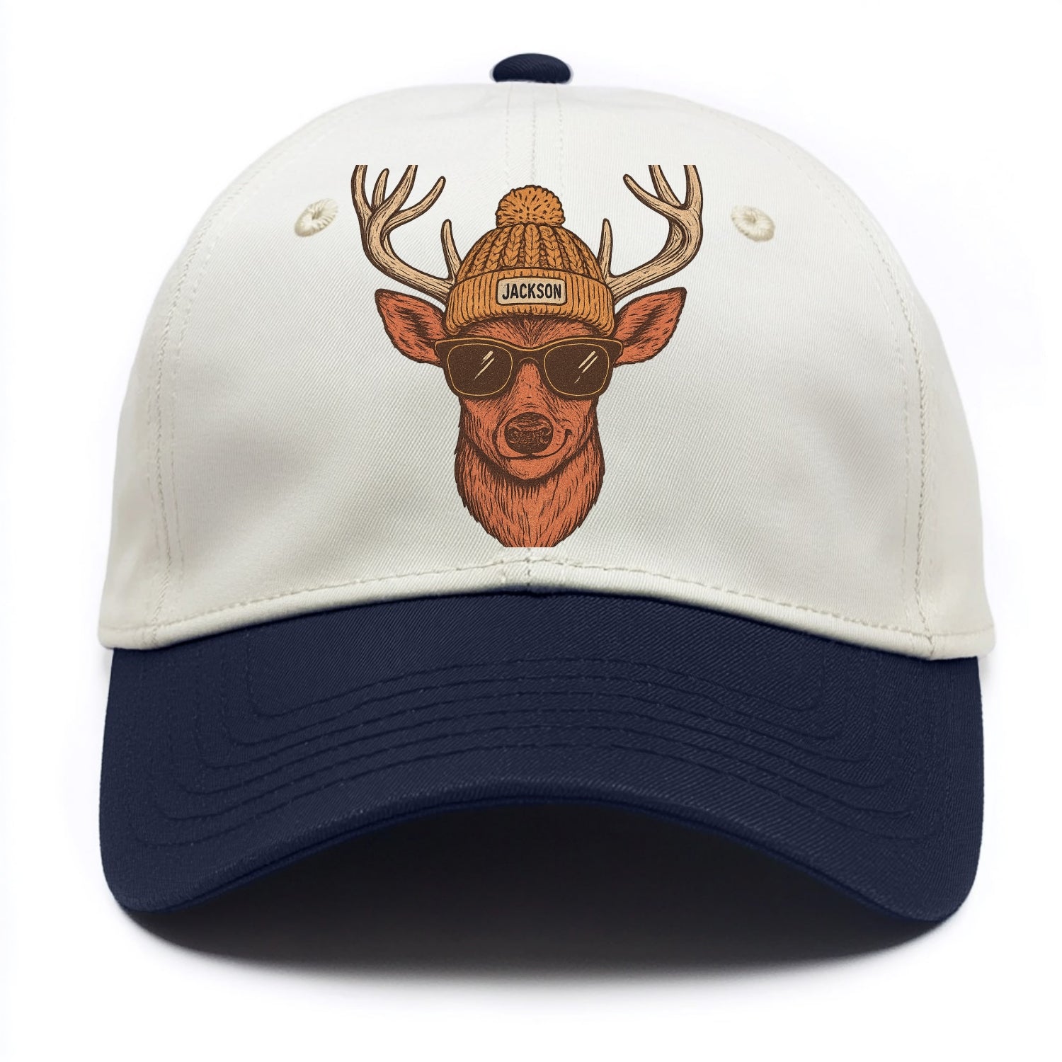Mississippi White-tailed Deer wearing Jackson beanie with pom pom and wayfarer - Two Tone Cap - Navy