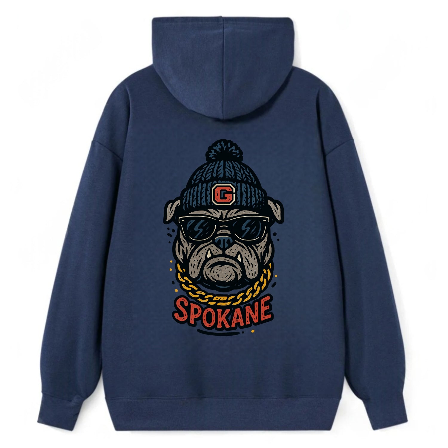 Spokane Bulldog wearing Gonzaga beanie with G patch - Classic Pullover Hoodie - Navy