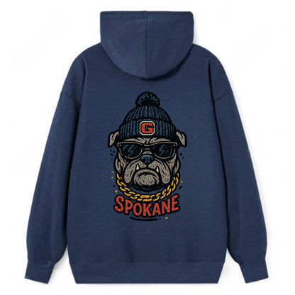 Spokane Bulldog wearing Gonzaga beanie with G patch - Classic Pullover Hoodie - Navy