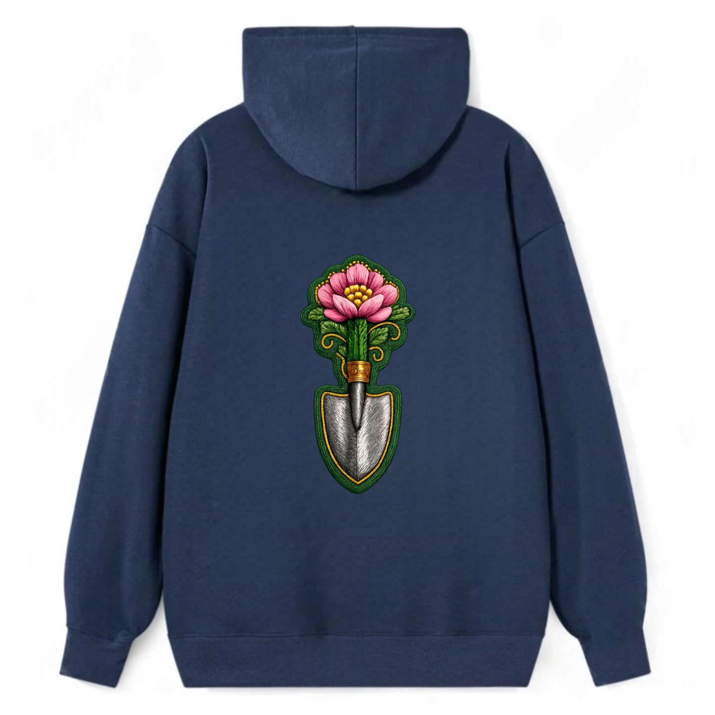 Embroidered patch design - GARDENING TROWEL FLOWER - garden tool with - Classic Pullover Hoodie - Navy