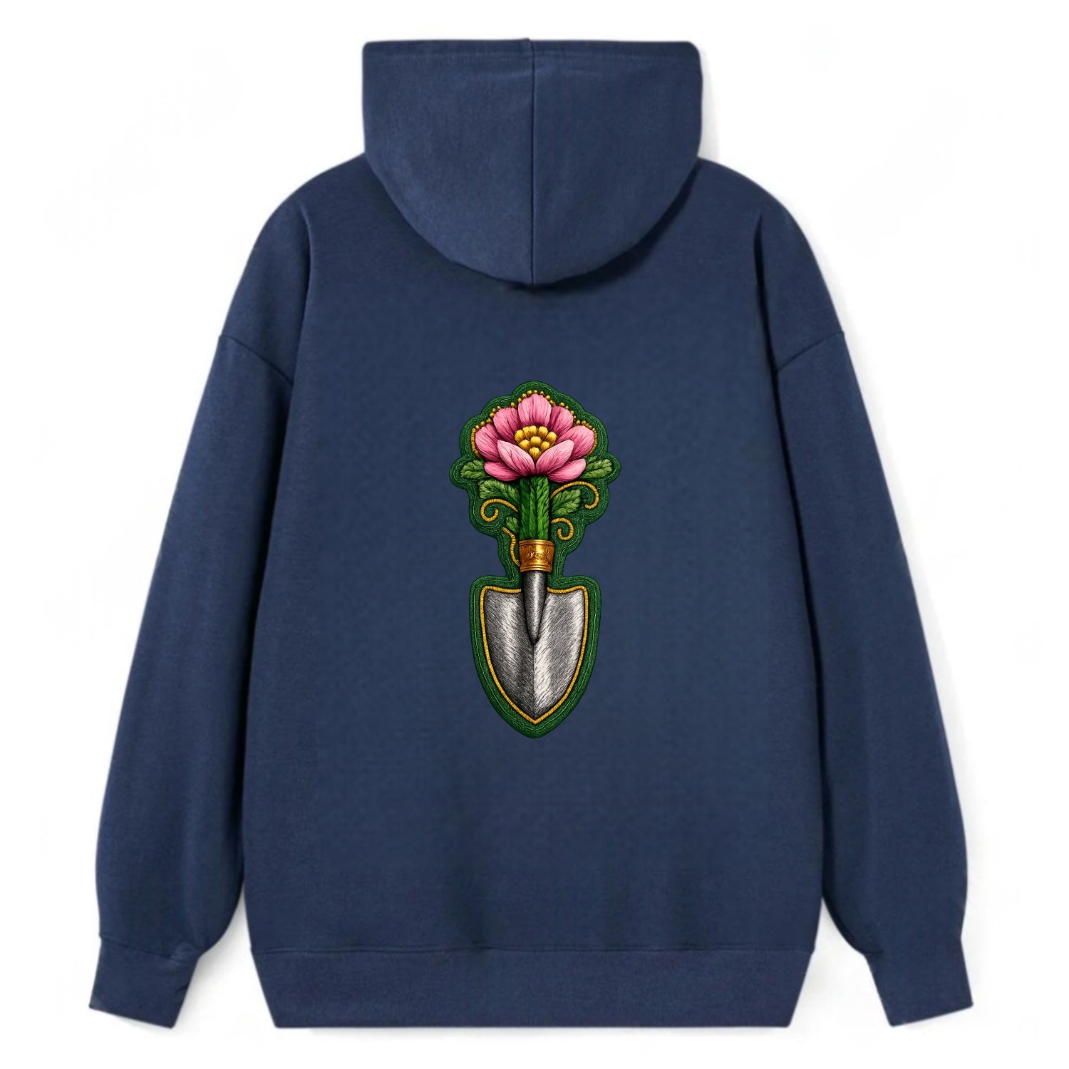 Embroidered patch design - GARDENING TROWEL FLOWER - garden tool with - Classic Pullover Hoodie - Navy