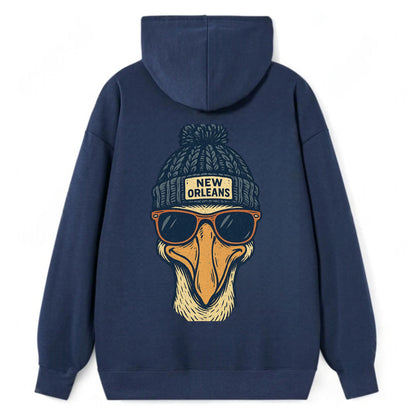 New Orleans Pelican wearing New Orleans beanie with pom pom and wayfarer - Classic Pullover Hoodie - Navy