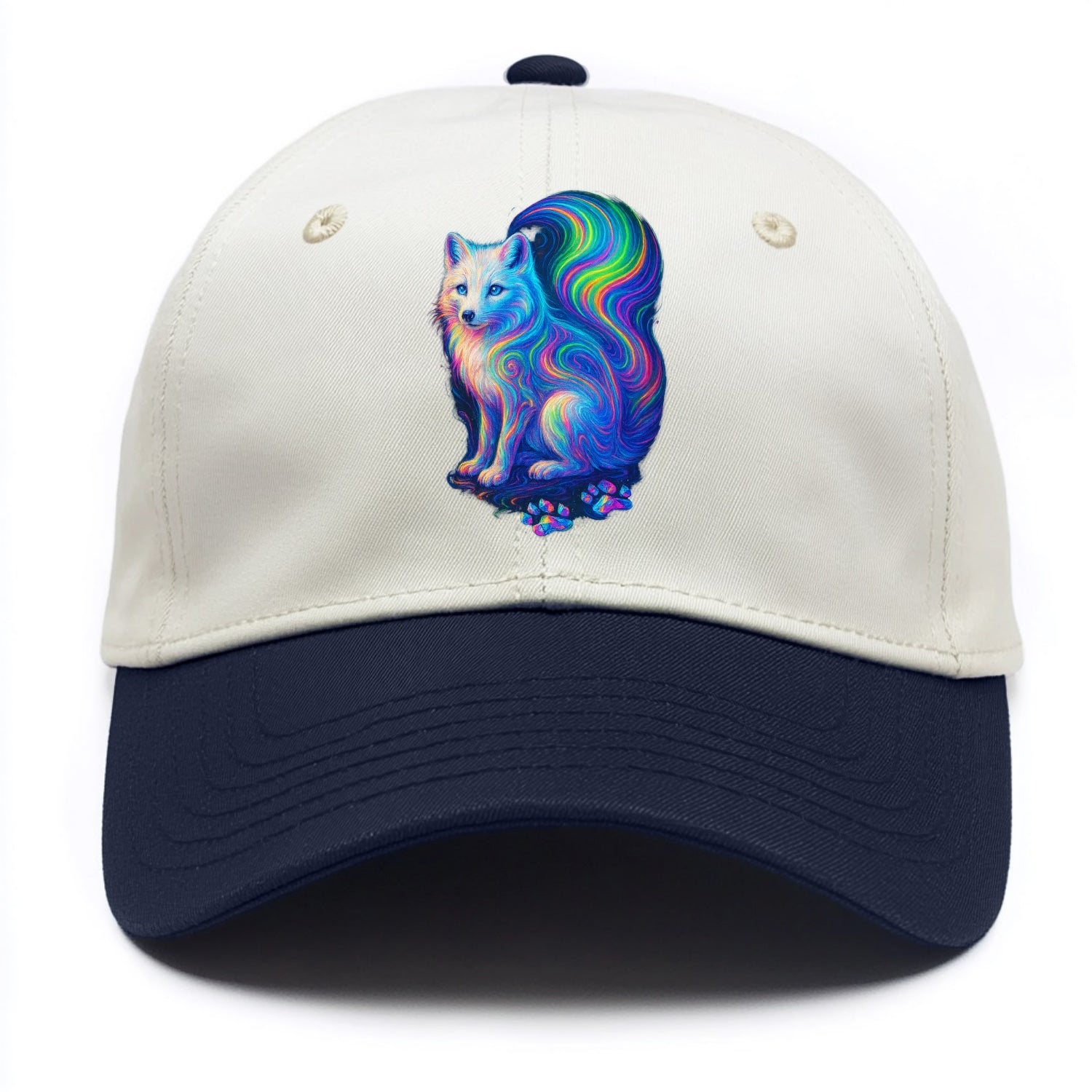 Graceful arctic fox with tail streaming aurora colors, white fur with prismatic - Two Tone Cap - Navy