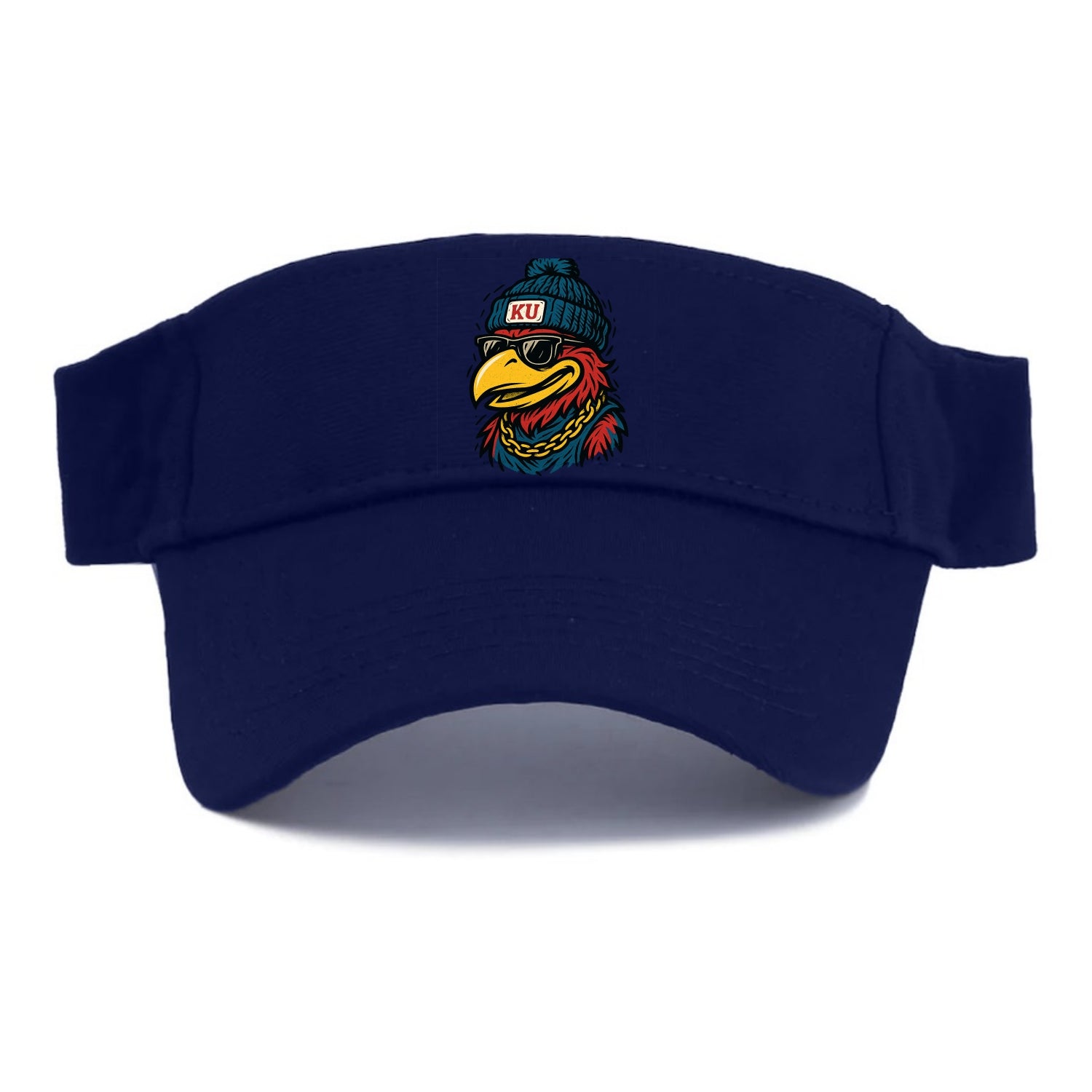 Lawrence Jayhawk wearing Kansas beanie with KU patch - Visor - Navy