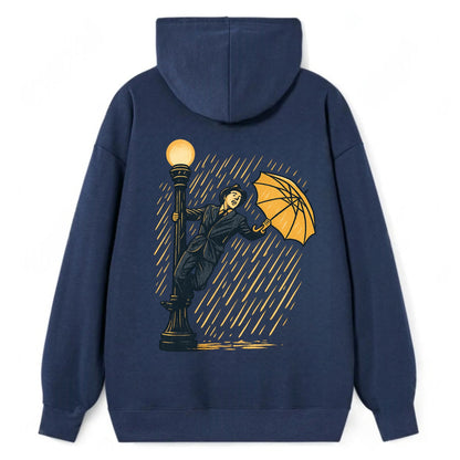 joyful dancing on lamppost in heavy rain with big smile - Classic Pullover Hoodie - Navy