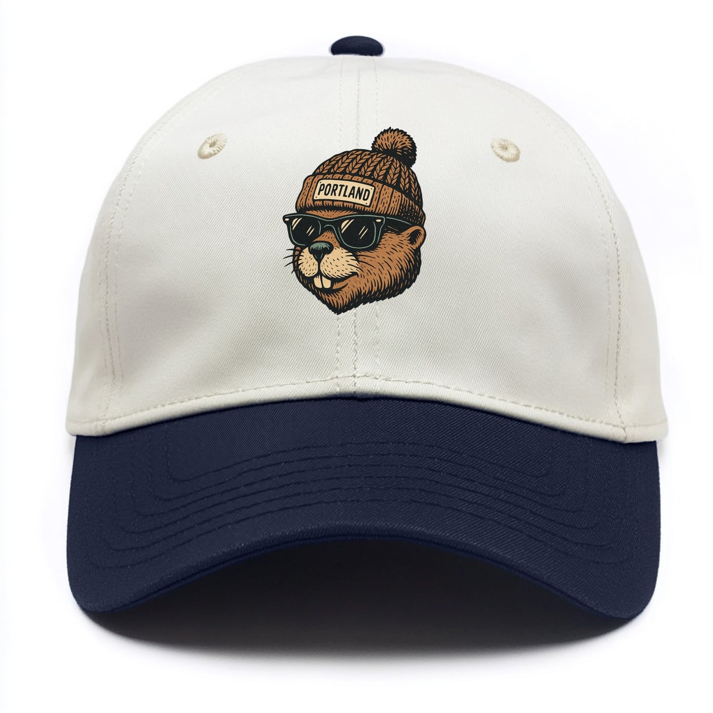Portland Beaver wearing Portland beanie with pom pom and wayfarer sunglasses - Two Tone Cap - Navy