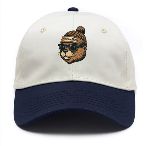 Portland Beaver wearing Portland beanie with pom pom and wayfarer sunglasses - Two Tone Cap
