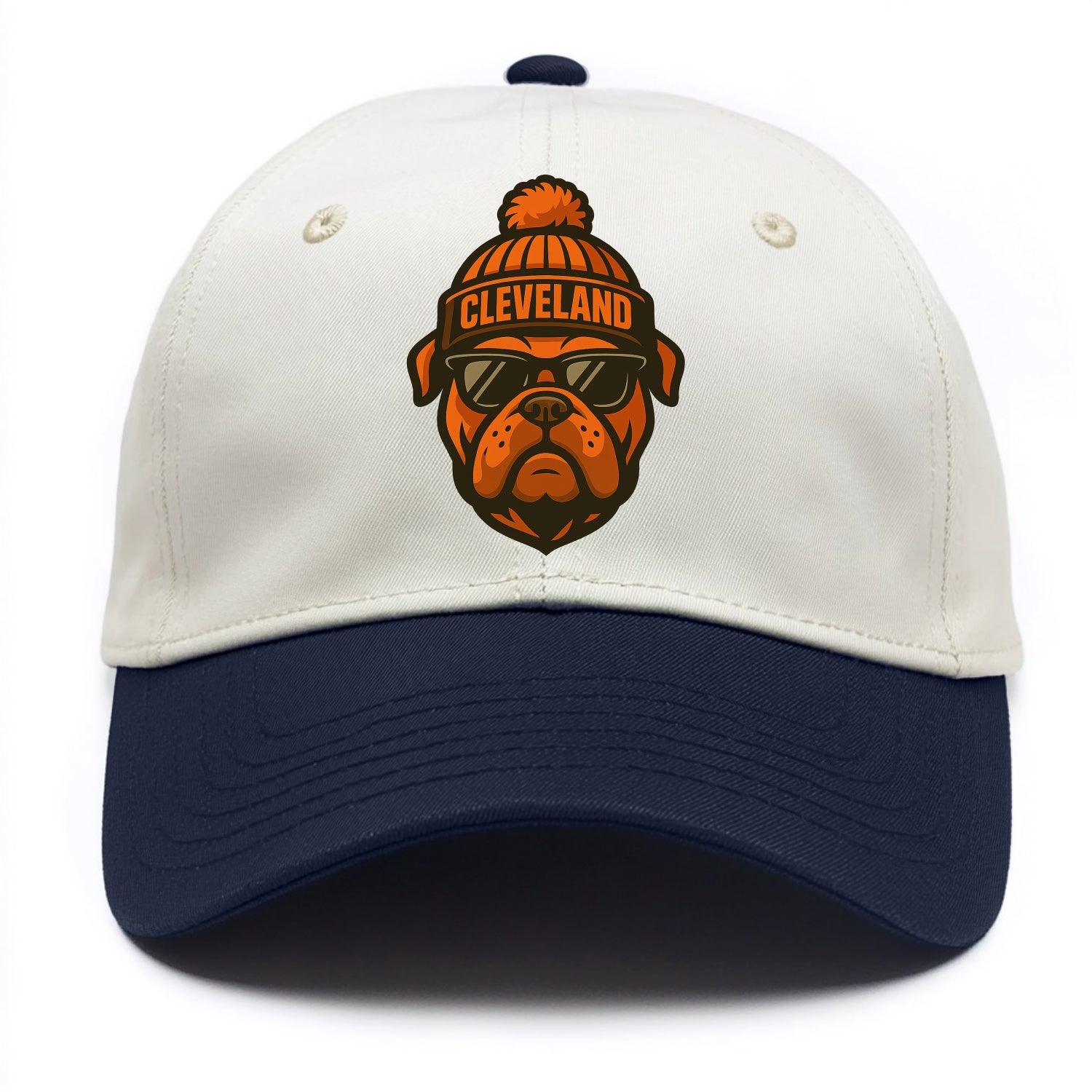 Cleveland Bulldog wearing Browns orange and brown beanie with pom pom and wayfarer - Two Tone Cap - Navy