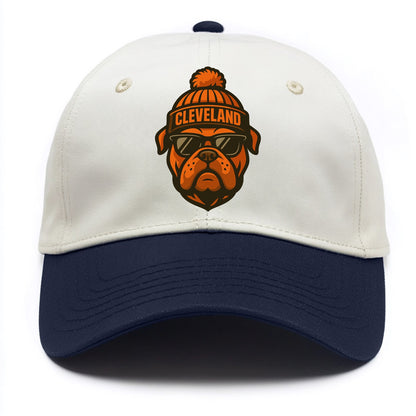 Cleveland Bulldog wearing Browns orange and brown beanie with pom pom and wayfarer - Two Tone Cap - Navy