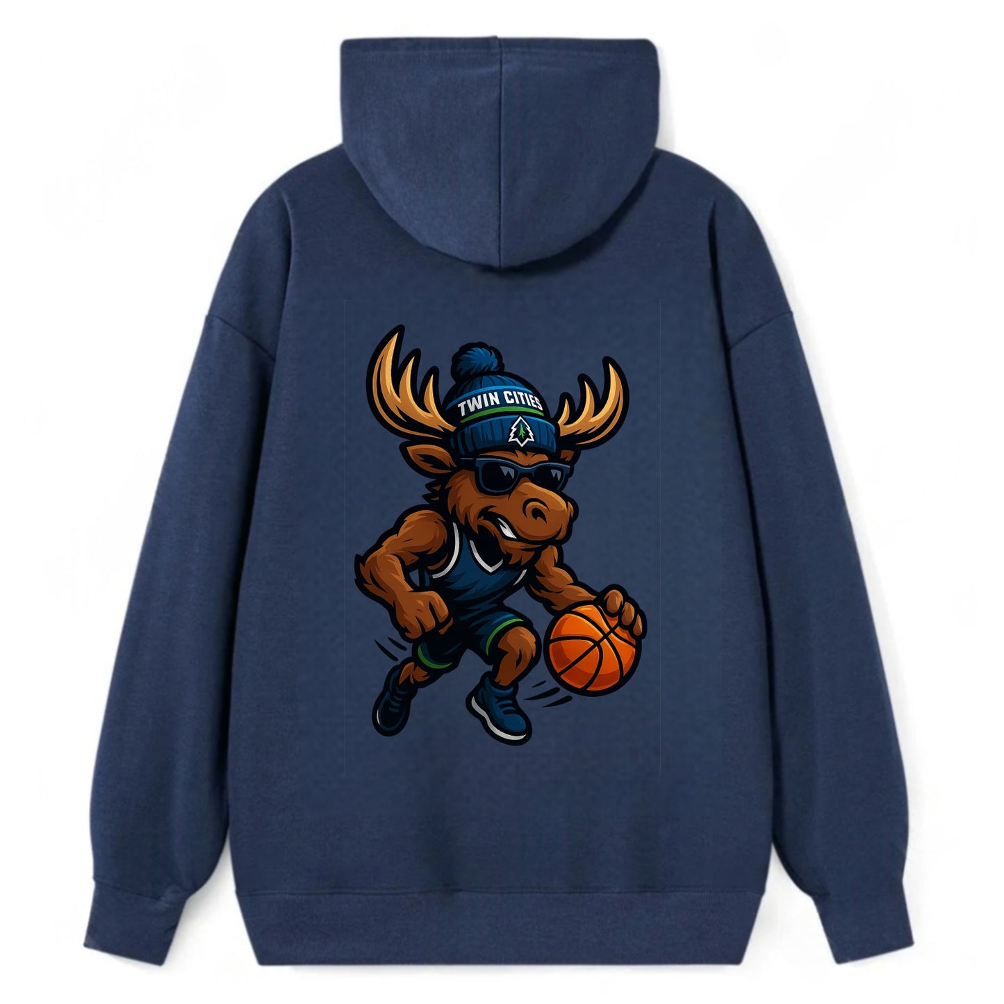 Twin Cities Moose wearing Timberwolves beanie with pine tree patch and - Classic Pullover Hoodie - Navy
