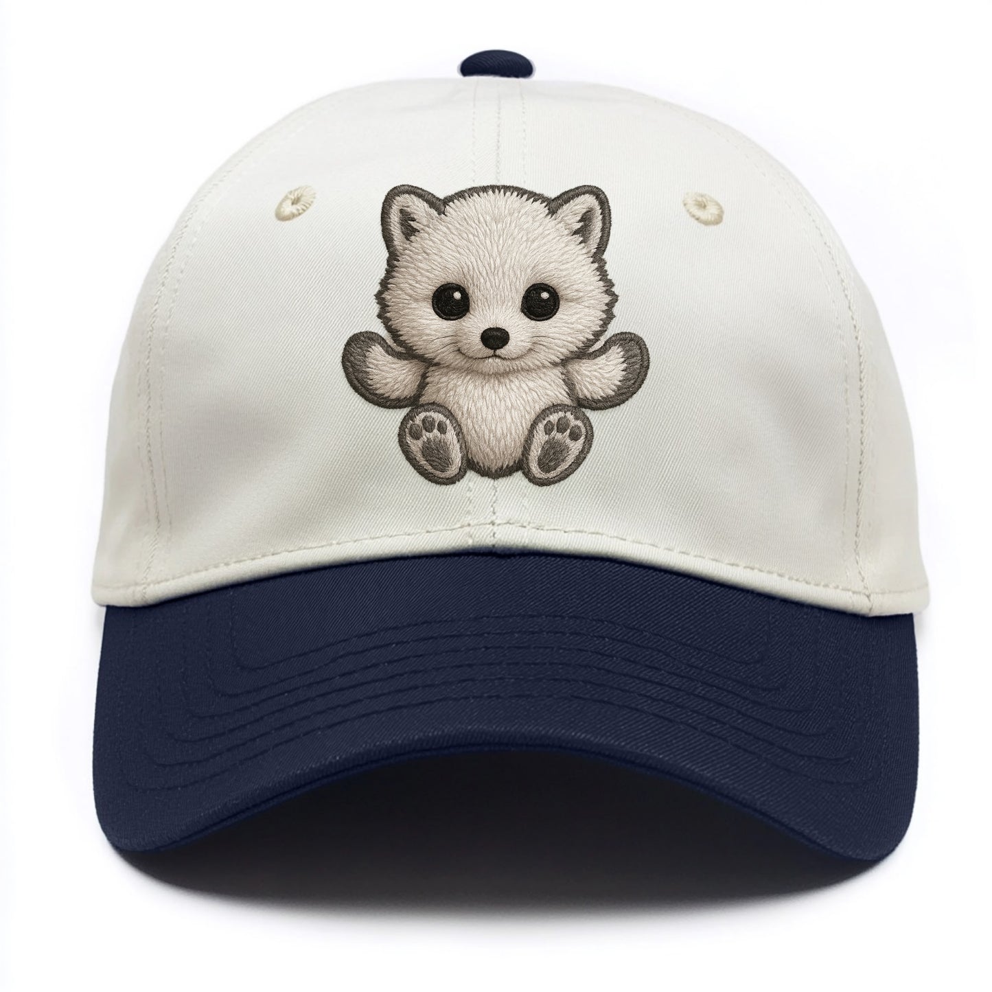Baby Arctic Fox - white fluffy, tiny black nose, bright curious eyes, front-facing, - Two Tone Cap - Navy