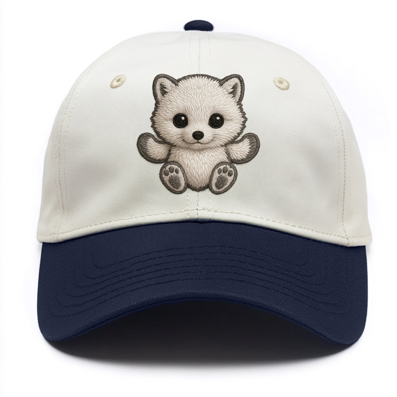Baby Arctic Fox - white fluffy, tiny black nose, bright curious eyes, front-facing, - Two Tone Cap - Navy
