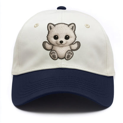 Baby Arctic Fox - white fluffy, tiny black nose, bright curious eyes, front-facing, - Two Tone Cap - Navy