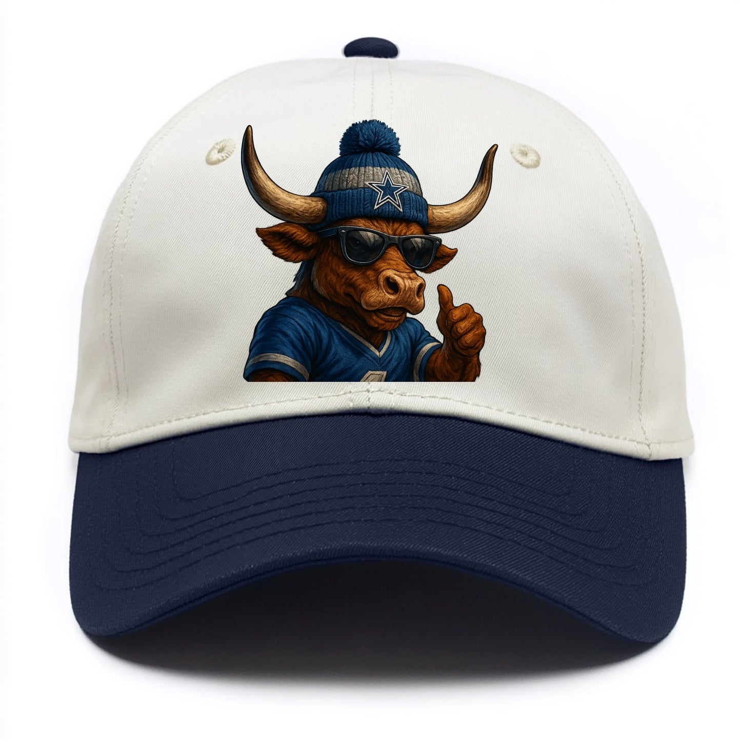 Texas Longhorn wearing Cowboys silver and blue beanie with star and wayfarer - Two Tone Cap - Navy