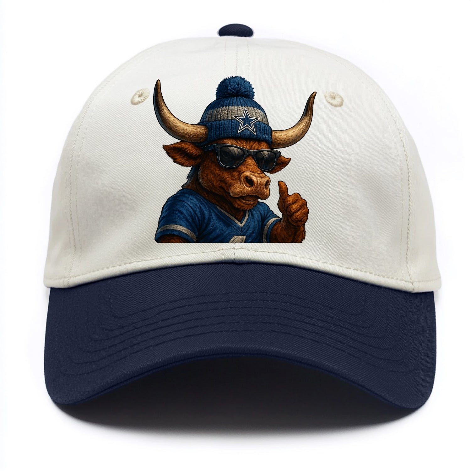 Texas Longhorn wearing Cowboys silver and blue beanie with star and wayfarer - Two Tone Cap - Navy