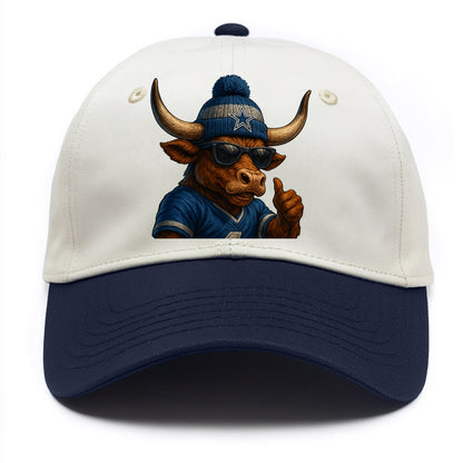 Texas Longhorn wearing Cowboys silver and blue beanie with star and wayfarer - Two Tone Cap - Navy