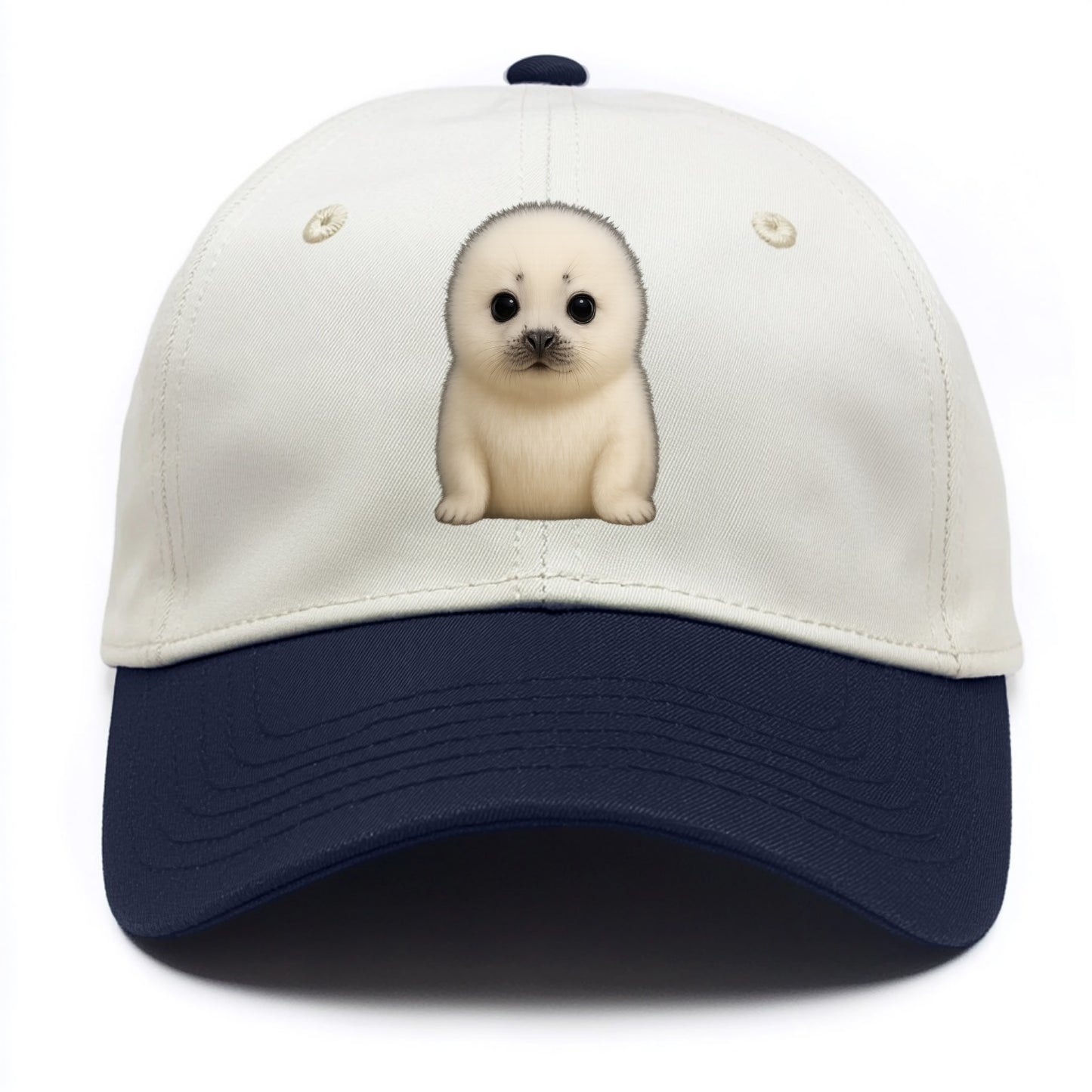 Baby Harp Seal - pure white fluffy fur, enormous dark eyes, front-facing, iconic cute - Two Tone Cap - Navy