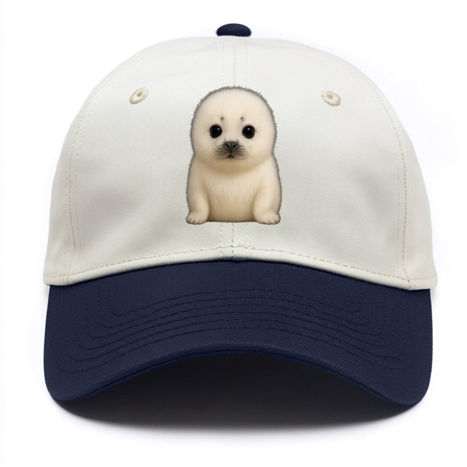 Baby Harp Seal - pure white fluffy fur, enormous dark eyes, front-facing, iconic cute - Two Tone Cap - Navy