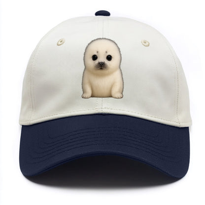Baby Harp Seal - pure white fluffy fur, enormous dark eyes, front-facing, iconic cute - Two Tone Cap - Navy