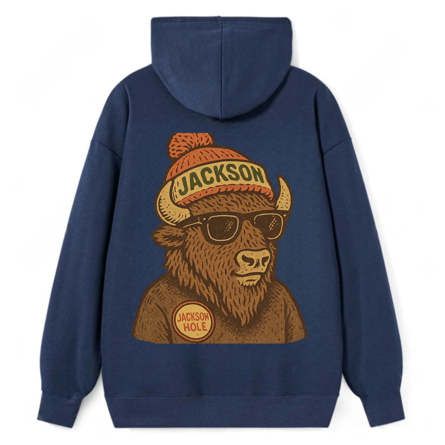 Jackson Hole Bison wearing Jackson beanie with pom pom and wayfarer - Classic Pullover Hoodie - Navy