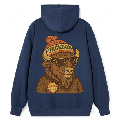 Jackson Hole Bison wearing Jackson beanie with pom pom and wayfarer - Classic Pullover Hoodie - Navy