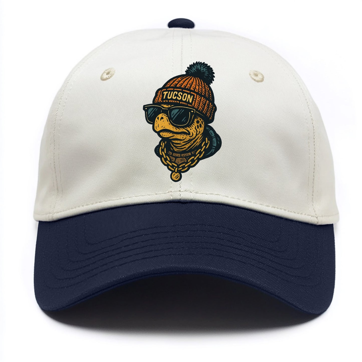 Tucson Desert Tortoise wearing Tucson beanie with pom pom and wayfarer sunglasses - Two Tone Cap - Navy