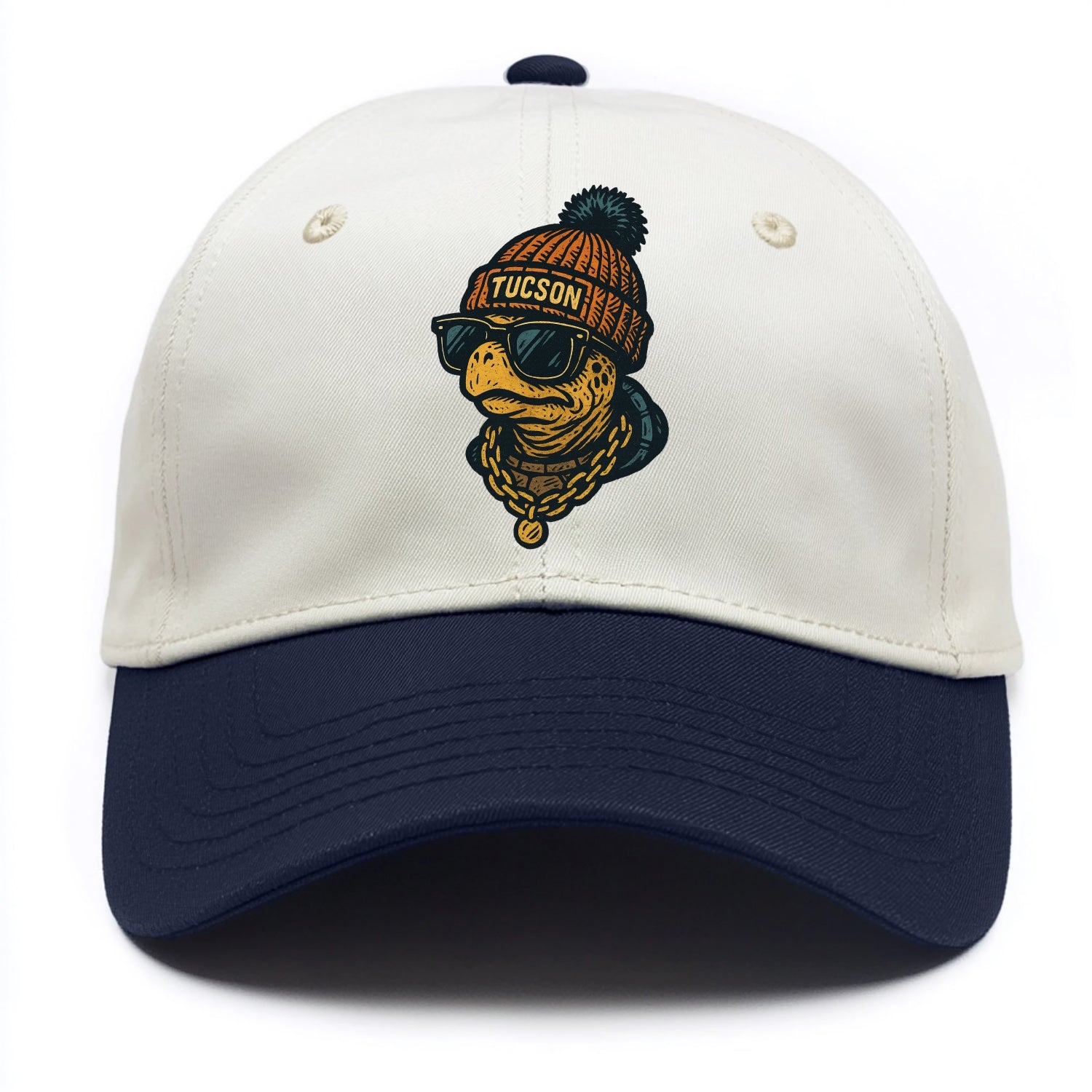 Tucson Desert Tortoise wearing Tucson beanie with pom pom and wayfarer sunglasses - Two Tone Cap - Navy