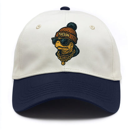 Tucson Desert Tortoise wearing Tucson beanie with pom pom and wayfarer sunglasses - Two Tone Cap - Navy