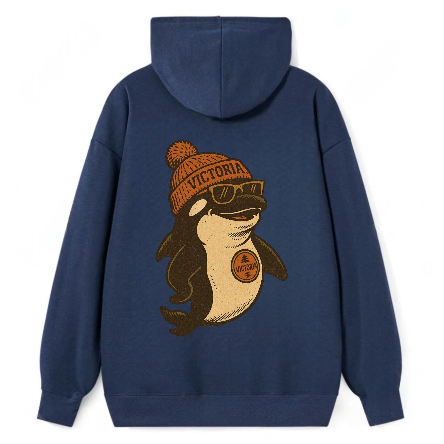 Victoria Orca wearing Victoria beanie with pom pom and wayfarer sunglasses - Classic Pullover Hoodie - Navy