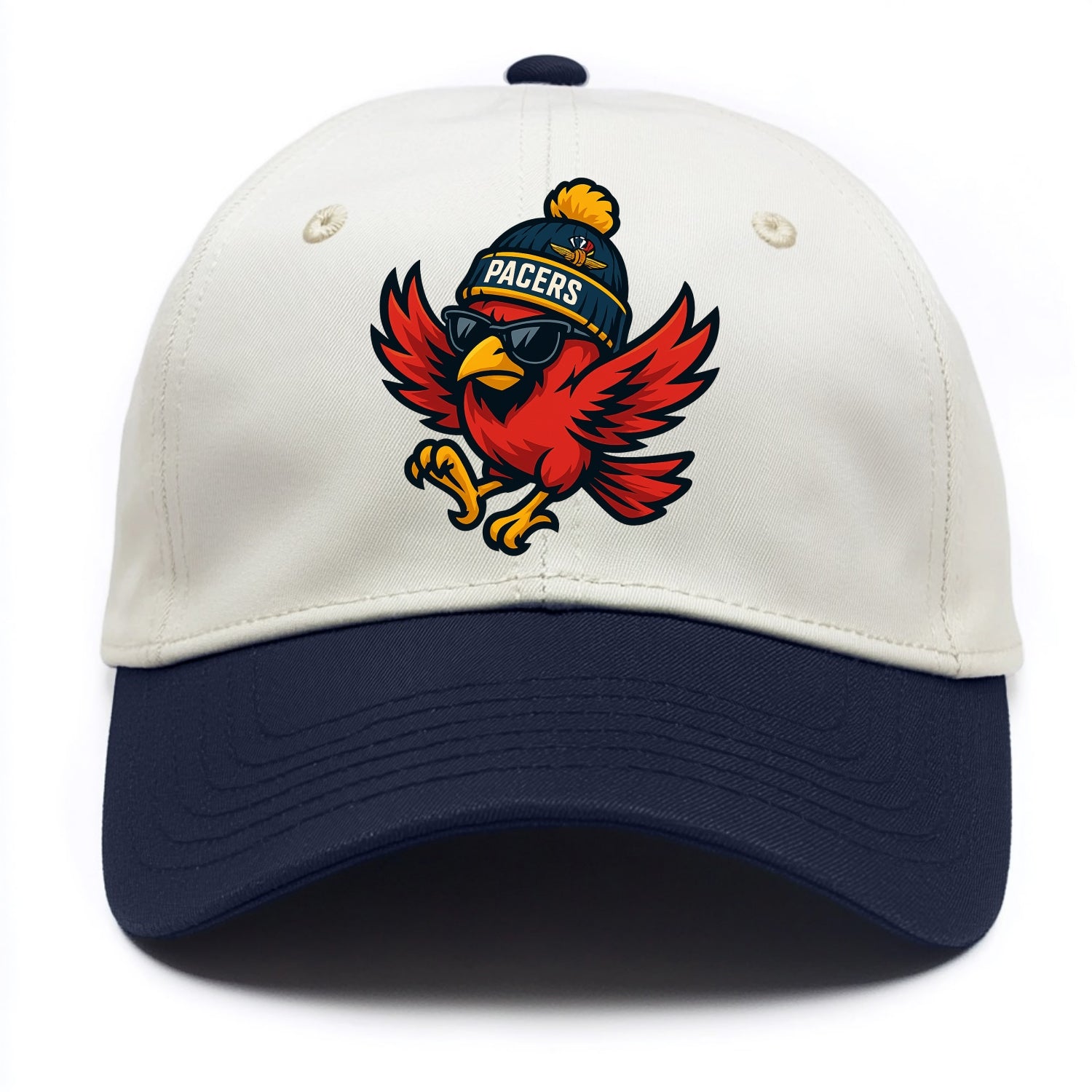 Indiana Cardinal wearing Pacers beanie with speedway patch and wayfarer sunglasses - Two Tone Cap - Navy