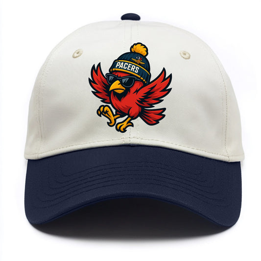 Indiana Cardinal wearing Pacers beanie with speedway patch and wayfarer sunglasses - Two Tone Cap - Navy
