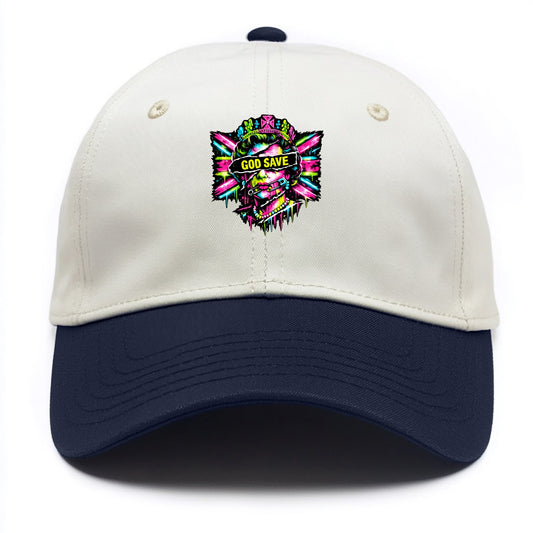GOD SAVE | Torn royal portrait style | Blackout bar across eyes | Safety pin through - Two Tone Cap - Navy
