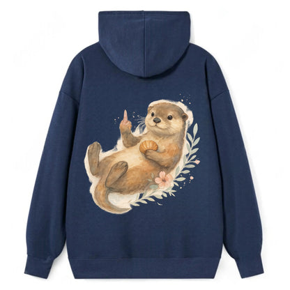 adorable otter floating on back, middle finger up while holding a - Classic Pullover Hoodie - Navy