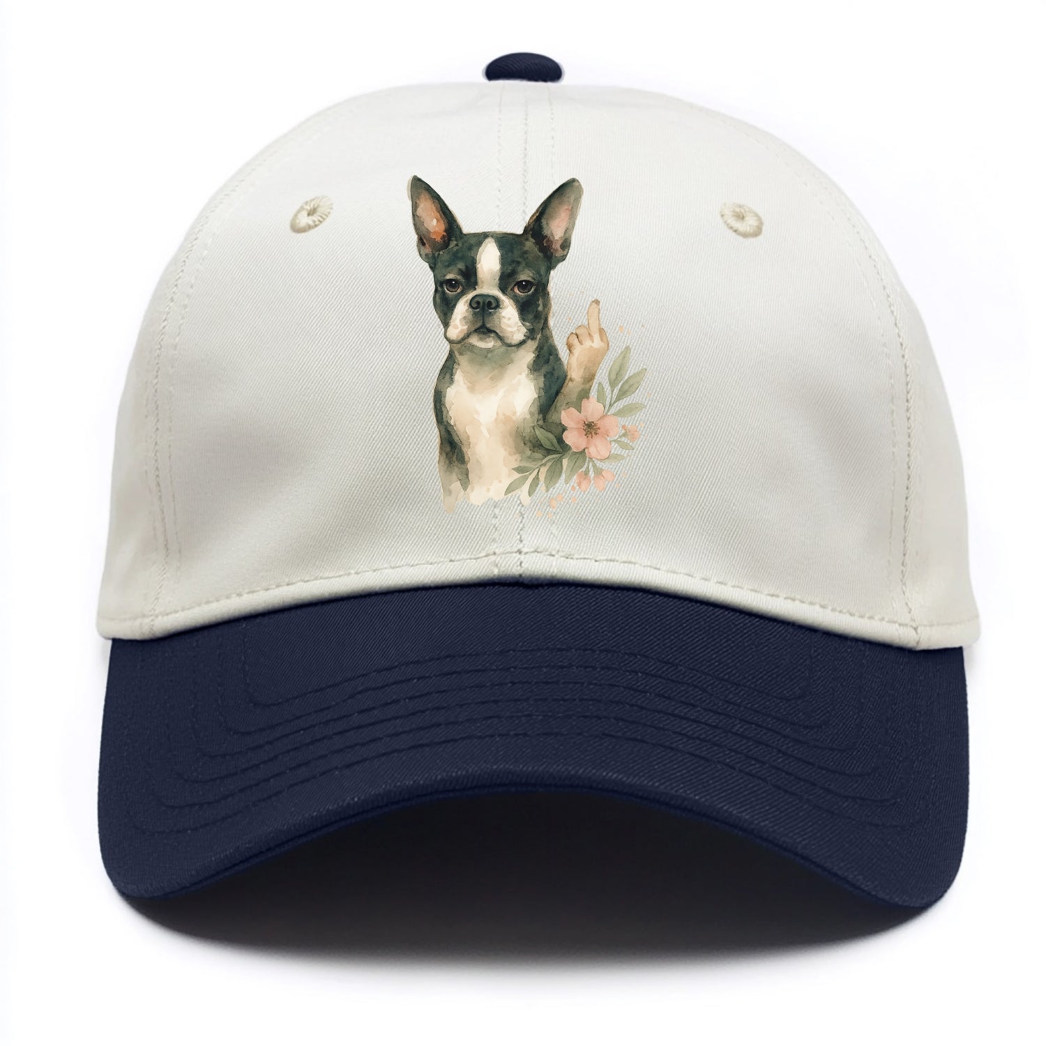 Boston Terrier with tuxedo markings, perky ears, paw up giving sass - Two Tone Cap - Navy