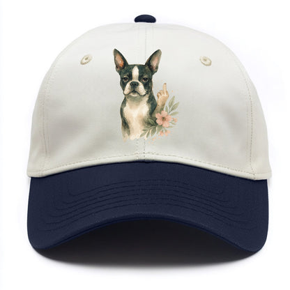 Boston Terrier with tuxedo markings, perky ears, paw up giving sass - Two Tone Cap - Navy