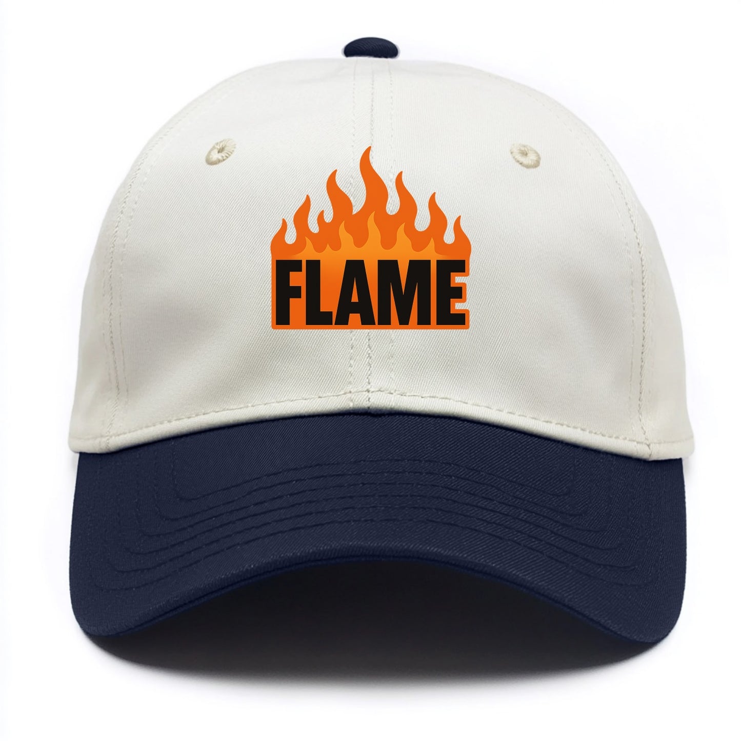 Bold typography design - "FLAME" - burning bright, passionate - Two Tone Cap - Navy