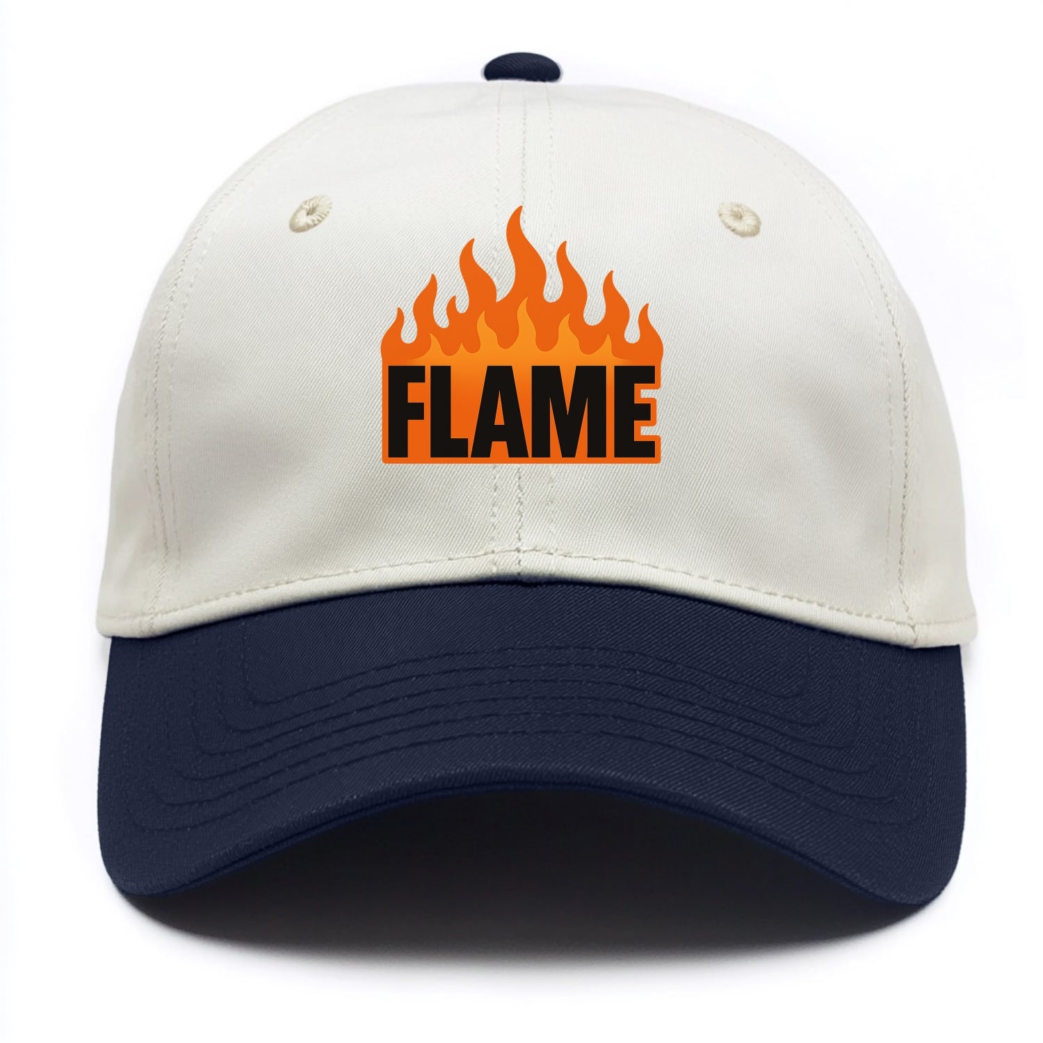 Bold typography design - "FLAME" - burning bright, passionate - Two Tone Cap - Navy