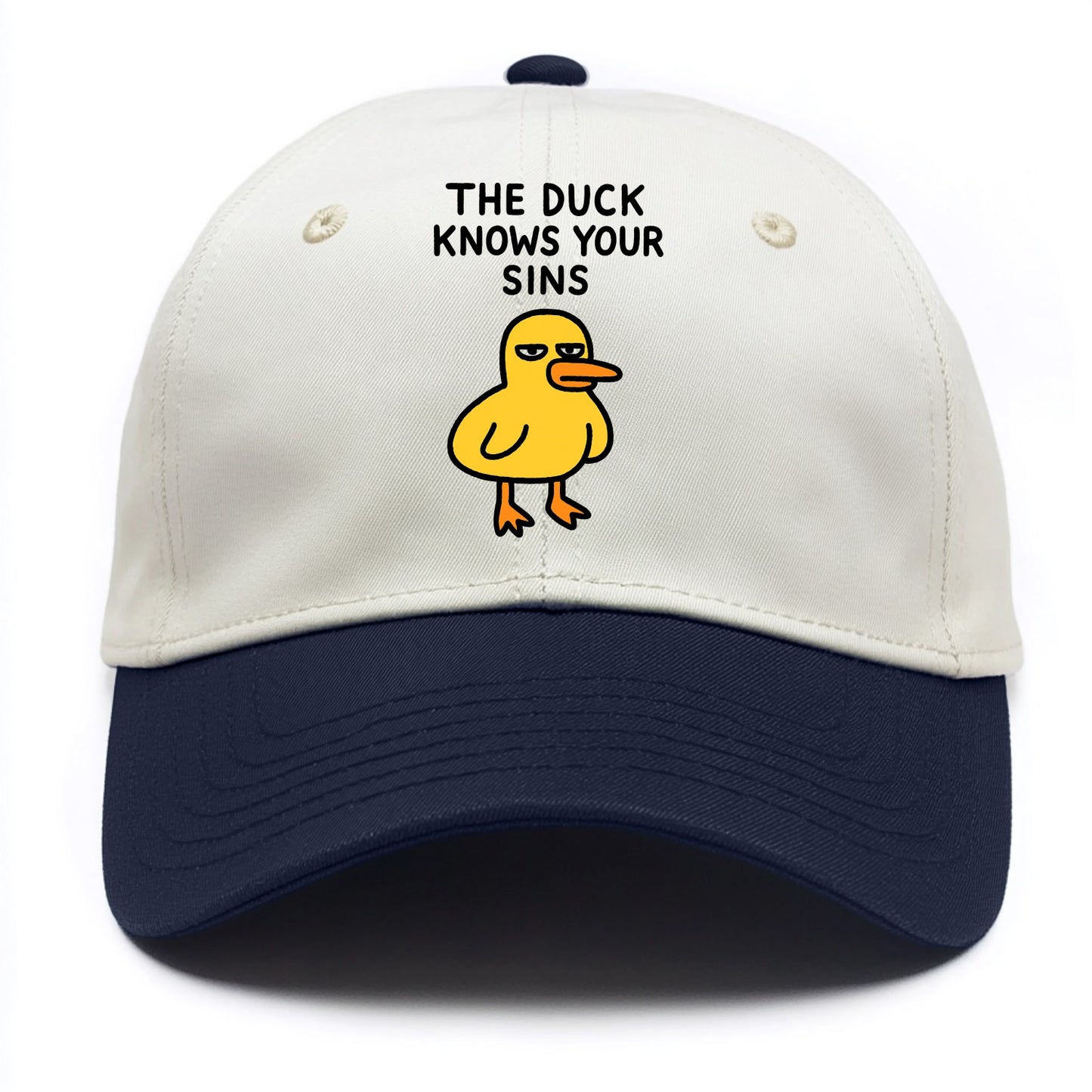 THE DUCK KNOWS YOUR SINS | Yellow duck with judgmental stare - Two Tone Cap - Navy