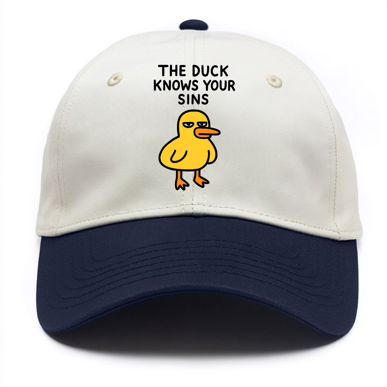 THE DUCK KNOWS YOUR SINS | Yellow duck with judgmental stare - Two Tone Cap - Navy